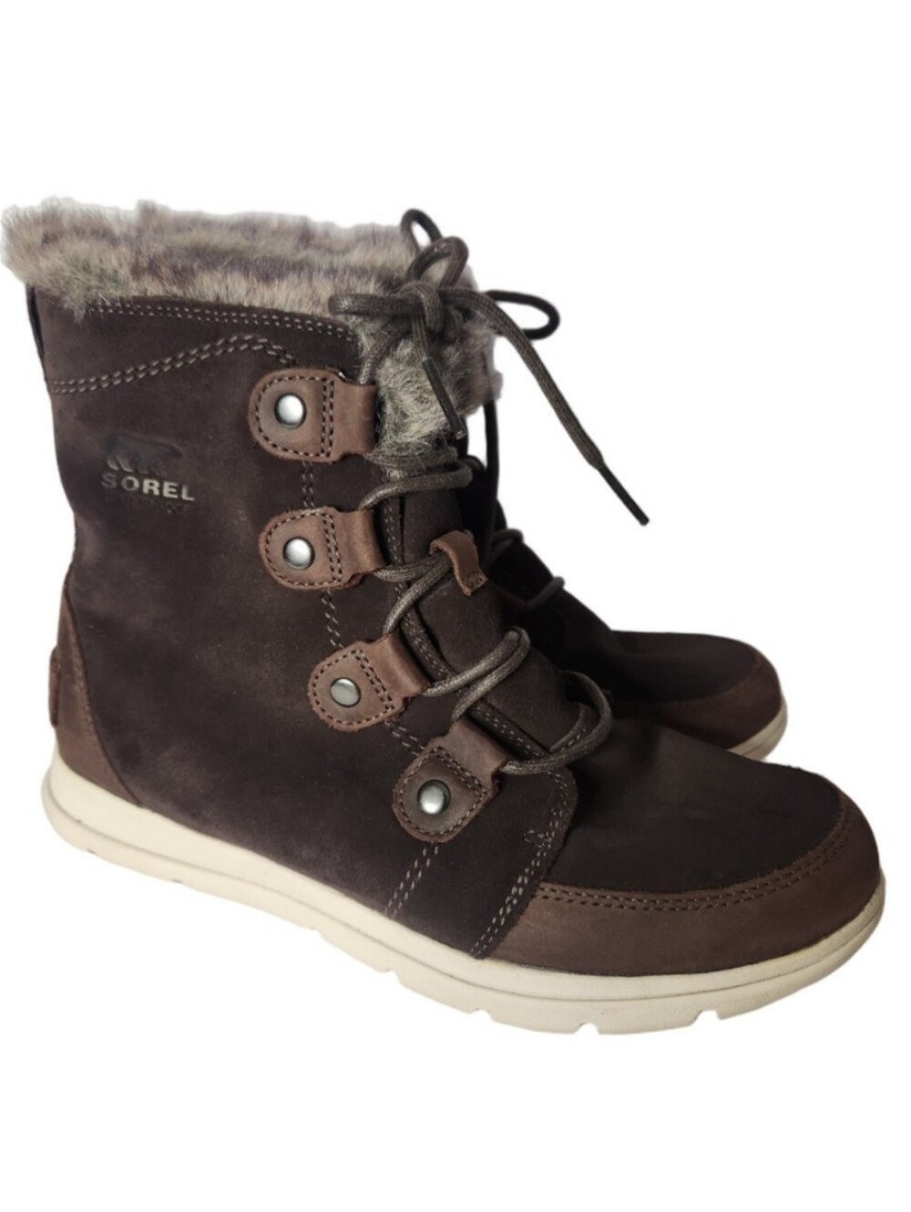 Sorel Explorer Joan Brown Faux-Fur Trim Lace-Up Winter Boots Size 10